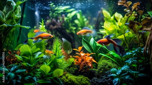 Home aquarium scene with plants and fish.Generative AI