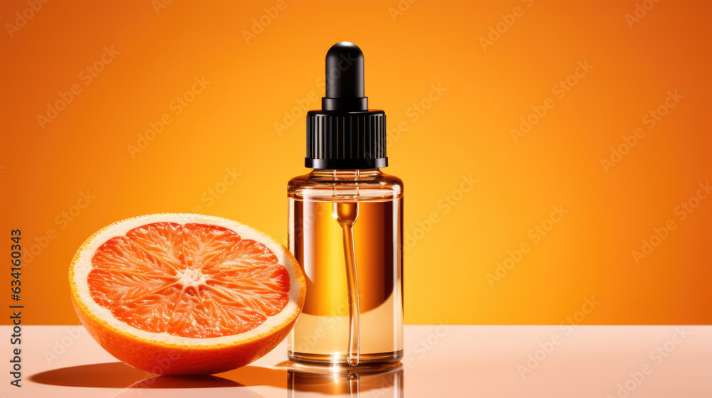 Citrus fruits and dark glass cosmetic bottle isolated on orange background. Created with Generative AI technology. Citrus fruits and dark glass cosmetic bottle isolated on orange background. Created with Generative AI technology.