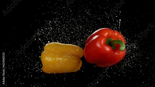 Bell peppers flying in slow motion