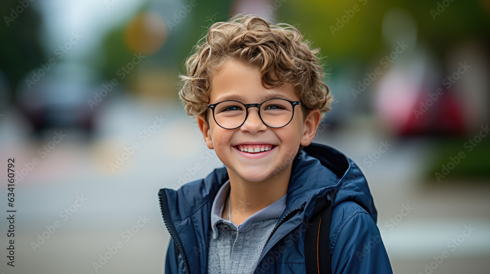 Little schoolboy stands outside the school. Back to school. Created with Generative AI technology. Little schoolboy stands outside the school. Back to school. Created with Generative AI technology.
