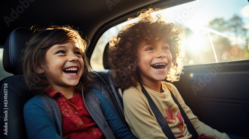 Two children in the back seat of a car, laughing and smiling broadly as they travel. Created with Generative AI technology.