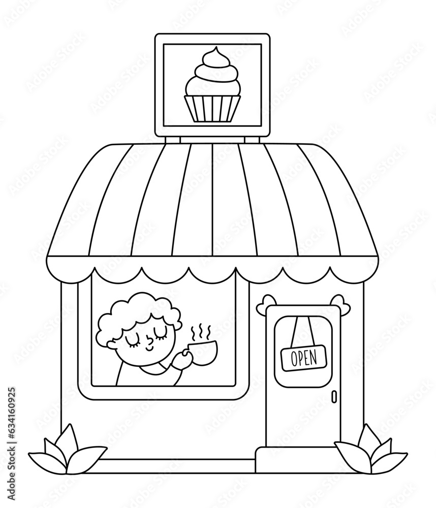 Vector black and white cozy cafe with man drinking tea isolated on white background. Small coffee house line illustration or coloring page. Cute kiosk with pastry and cakes. Vector black and white cozy cafe with man drinking tea isolated on white background. Small coffee house line illustration or coloring page. Cute kiosk with pastry and cakes.