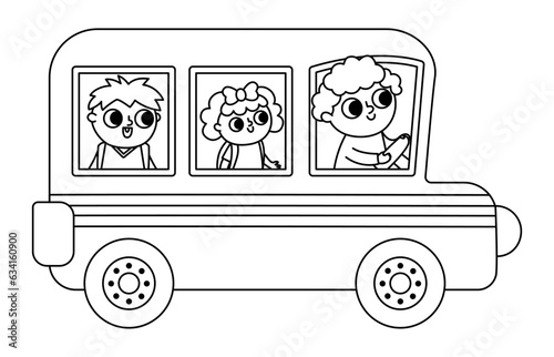 Vector black and white school bus with driver and passengers. Back to school educational line clipart. Flat public transport car. Transportation icon or coloring page with cute kids.