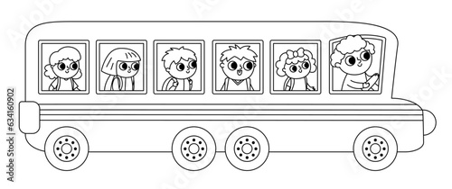 Vector black and white long school bus with driver and passengers. Back to school educational clipart. Flat public transport car. Transportation line icon or coloring page with cute kids.