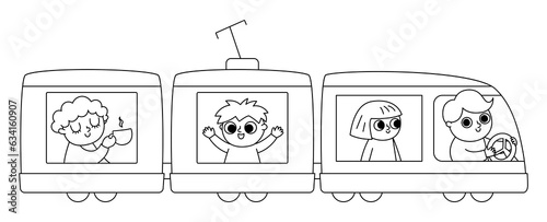 Vector black and white train with driver and passengers. Funny electric transportation with wagons for kids. Cute vehicle clip art. Public transport line icon or coloring page.