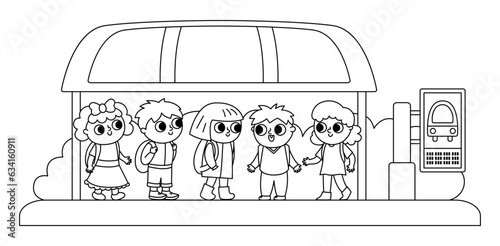 Children on a busstop waiting for the school bus. Black and white vector bus stop icon. Cartoon public transport station. City or countryside transportation line clipart or coloring page with kids.