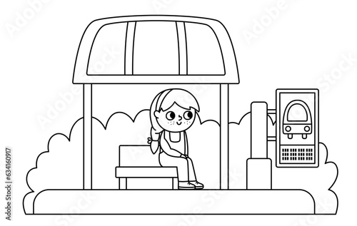 Vector black and white bus stop icon with waiting girl. Cartoon public transport station. City or countryside transportation clipart or coloring page with greenery, bench, roof, timetable.