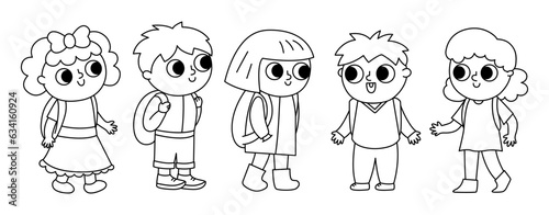 Vector black and white cute schoolchildren with backpacks. Back to school character illustration or coloring page. Boys, girls of different nationalities. Funny line chatting kids with schoolbag.