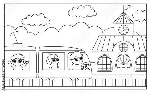Vector black and white horizontal scene with man driving train and passengers arriving to railway station. City line transportation illustration or coloring page. Cute kid driving transport.