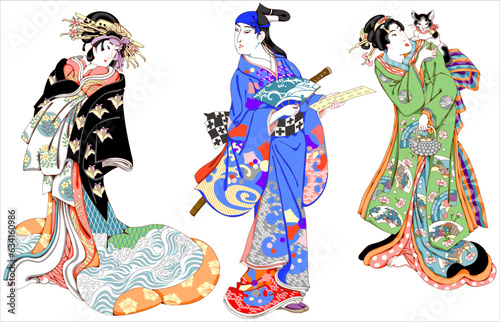 Three figures in ancient Japanese national costumes.