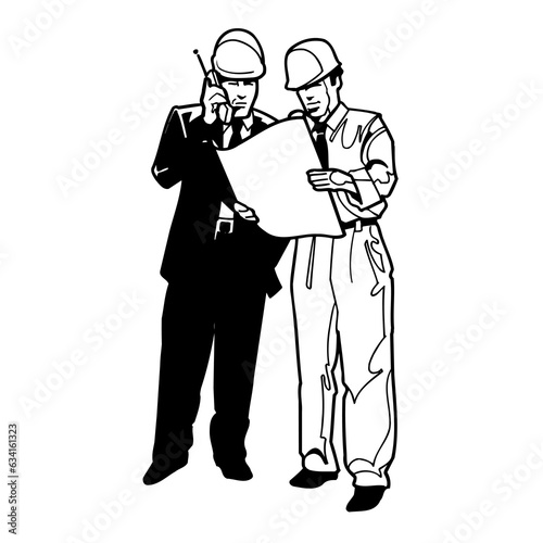 engineer and foreman analyzing building blueprint