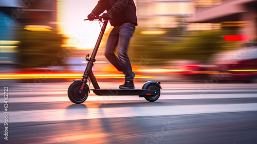 A woman riding black electric kick scooter at cityscape, motion blur. Generative Ai