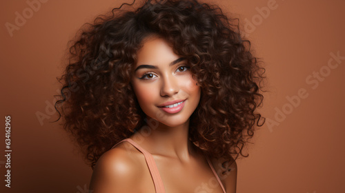 Gorgeous African American woman showcases flawless, radiant skin against a beige backdrop. A captivating smile graces Afro beauty with luscious, curly black hair.