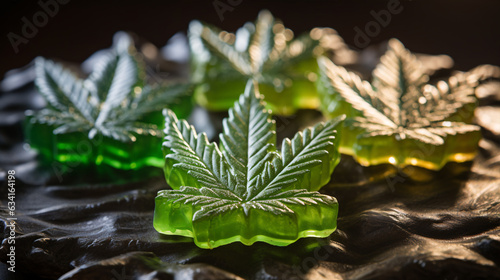 Cannabis shape edibles, medical marijuana, CBD CBG infused gummies and edible pot concept theme with close up on dark background with copy space. photo