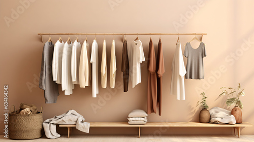 Grunge backdrop showcases clothes, while cream background hosts shelf. Array of neutral beige-hued garments adorns a rack. 3D rendering imbues store and bedroom vibes. © ckybe