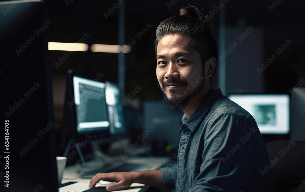 Fototapeta premium Portrait, man and smile of programmer on computer in office workplace at night, Generative AI