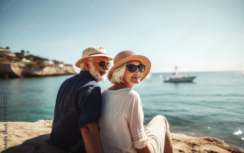 Senior couple relaxing by the sea on sunny day, Generative AI