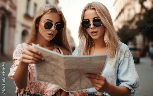 Young tanned blonde and brunette girls in sunglasses look at map outside attractive tourists in floral blouses walk in city, Generative AI