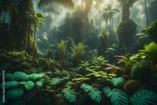 A lush, vibrant dreamy, ethereal landscape of a tropical rainforest - AI Generative