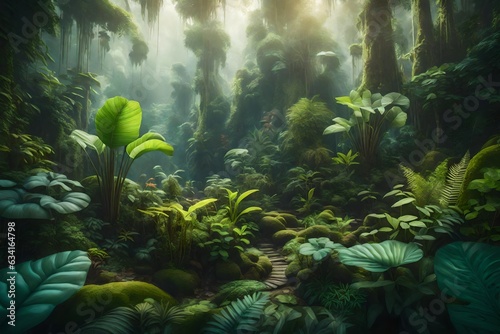 A lush  vibrant dreamy  ethereal landscape of a tropical rainforest - AI Generative