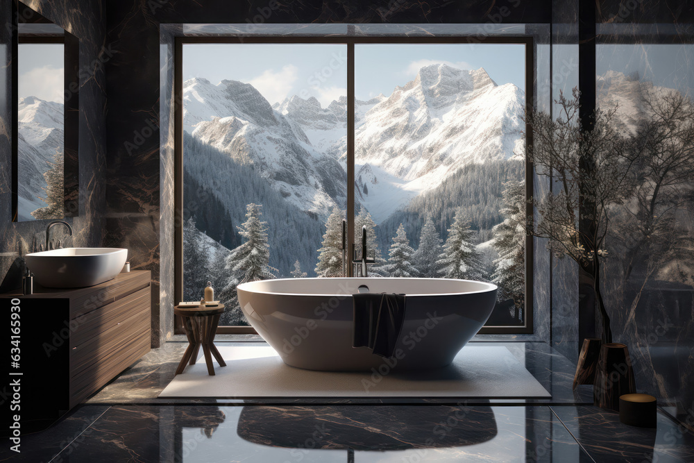 Bathroom in an elegant country house overlooking the mountains. Expensive interior in loft style. Generative AI