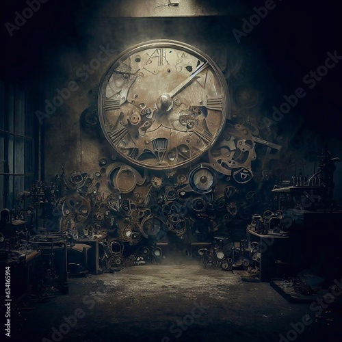 abandoned workshop with intricate clock parts scattered