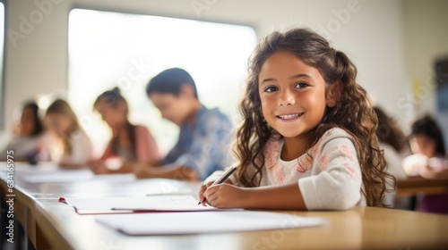 CAUCASIAN LATIN GIRL STUDENT WRITING SITTING AT HIS TABLE BENCH, SURROUNDED BY HIS CLASSMATES, IN A WHITE CLASSROOM. IN PHOTOGRAPHIC STYLE, THE STUDENT IN FOCUS AND THE BACKGROUND, Generative AI