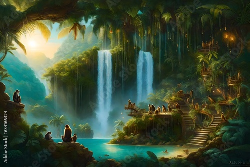 a stunning group portrait of a hidden island paradise with cascading waterfalls - AI Generative © Being Imaginative