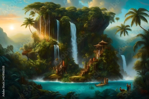 a stunning group portrait of a hidden island paradise with cascading waterfalls - AI Generative