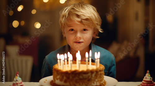 Happy caucasian boy celebrating his birthday with huge tasty cake with candles. Created with Generative AI technology.