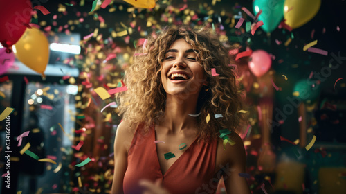 Portrait of a cheerful beautiful girl standing under confetti rain and celebrating over blurred background. Created with Generative AI technology.