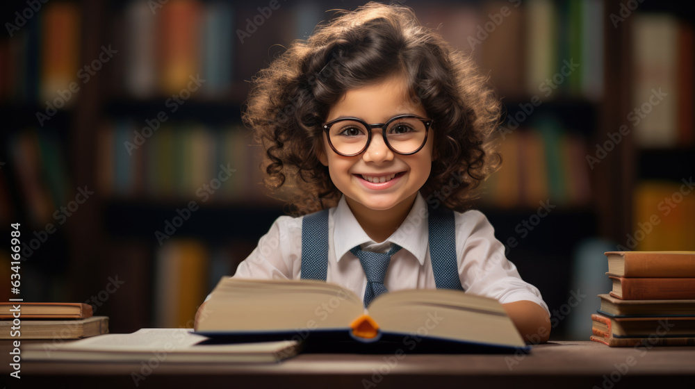 Little girl surrounded by books sits in front of an open book and smiles. Created with Generative AI technology.