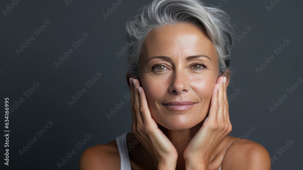 Beautiful gorgeous 50s mid aged mature woman smiling isolated on dark grey background. Beautiful gorgeous 50s mid aged mature woman smiling isolated on dark grey background.
