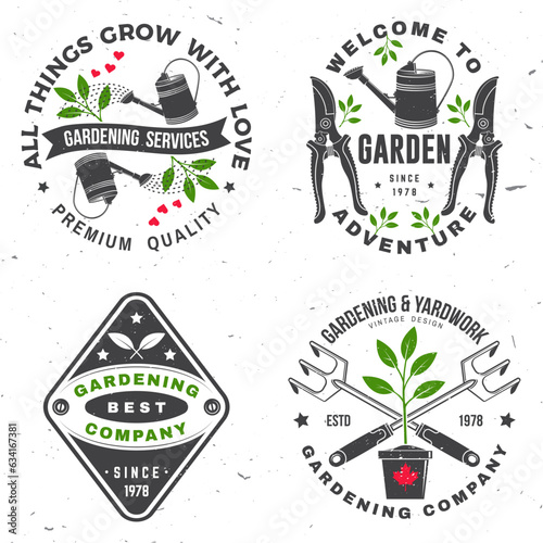 Set of gardening and yard work services emblem, label, badge, logo. Vector illustration. For sign, patch, shirt design with hand secateurs, garden pruner, watering can, gardening equipment silhouette.
