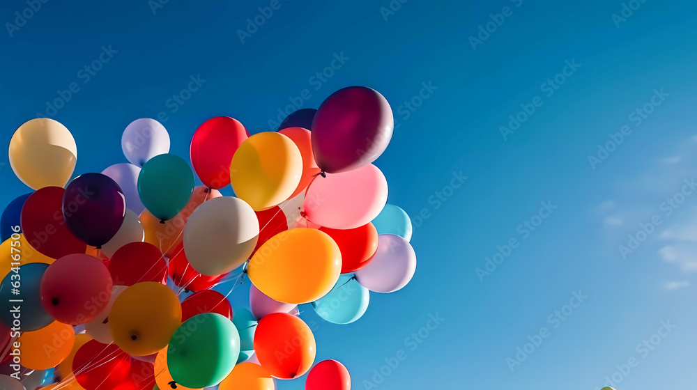 Colored balloons on the background of the blue sky. Generative AI technology. Colored balloons on the background of the blue sky. Generative AI technology.