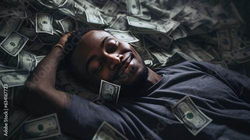 An African-American man sleeps on a bed, a pile of money, smiling in his sleep. Created with Generative AI technology.
