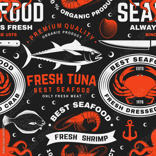 Set of seafood seamless pattern. Fresh tuna, octopus, trout, shrimp, dressed crab, mussels and clams. Vector. For background or wallpaper with tuna, trout, shrimp, octopus, crab, mussels and clams.