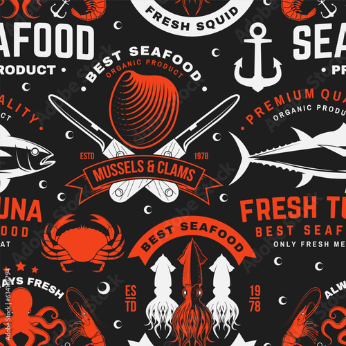 Set of seafood seamless pattern. Fresh tuna, octopus, trout, shrimp, dressed crab, mussels and clams. Vector. For background or wallpaper with tuna, trout, shrimp, octopus, crab, mussels and clams.