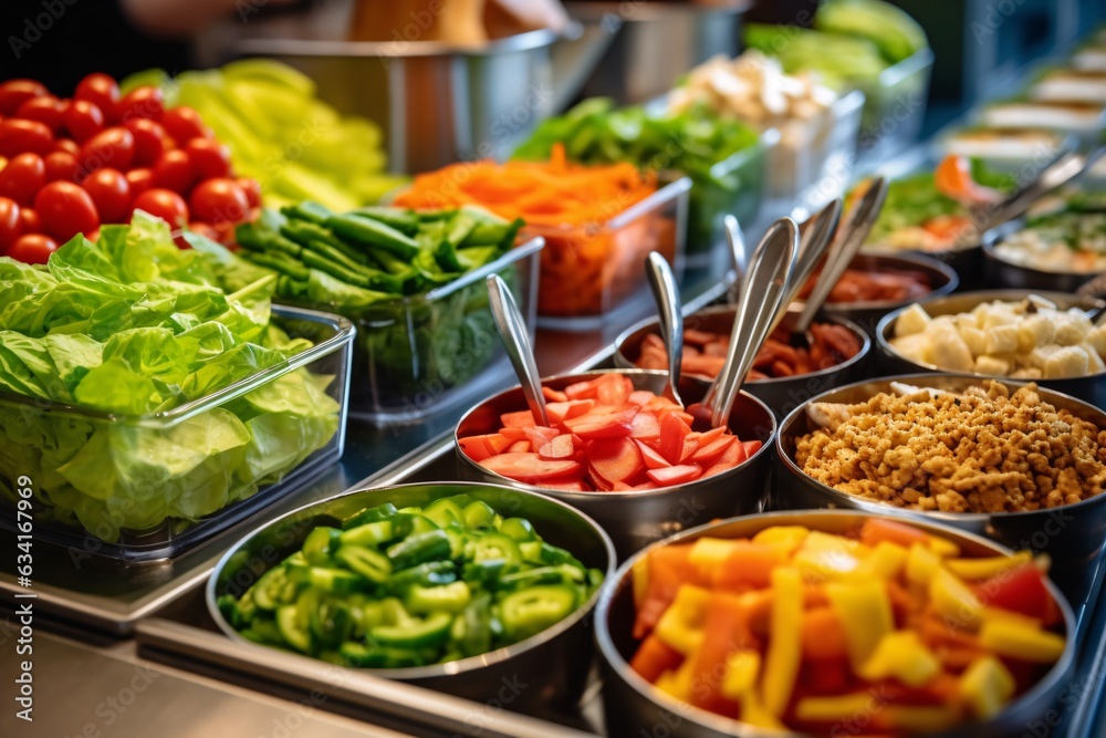 Obraz premium Fresh vegetables in a salad bar at a restaurant. Selective focus.