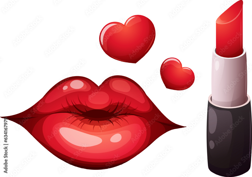 Red lipstick and red lips on transparent background. Vector illustration in cartoon style, garish vector Red lipstick and red lips on transparent background. Vector illustration in cartoon style, garish vector