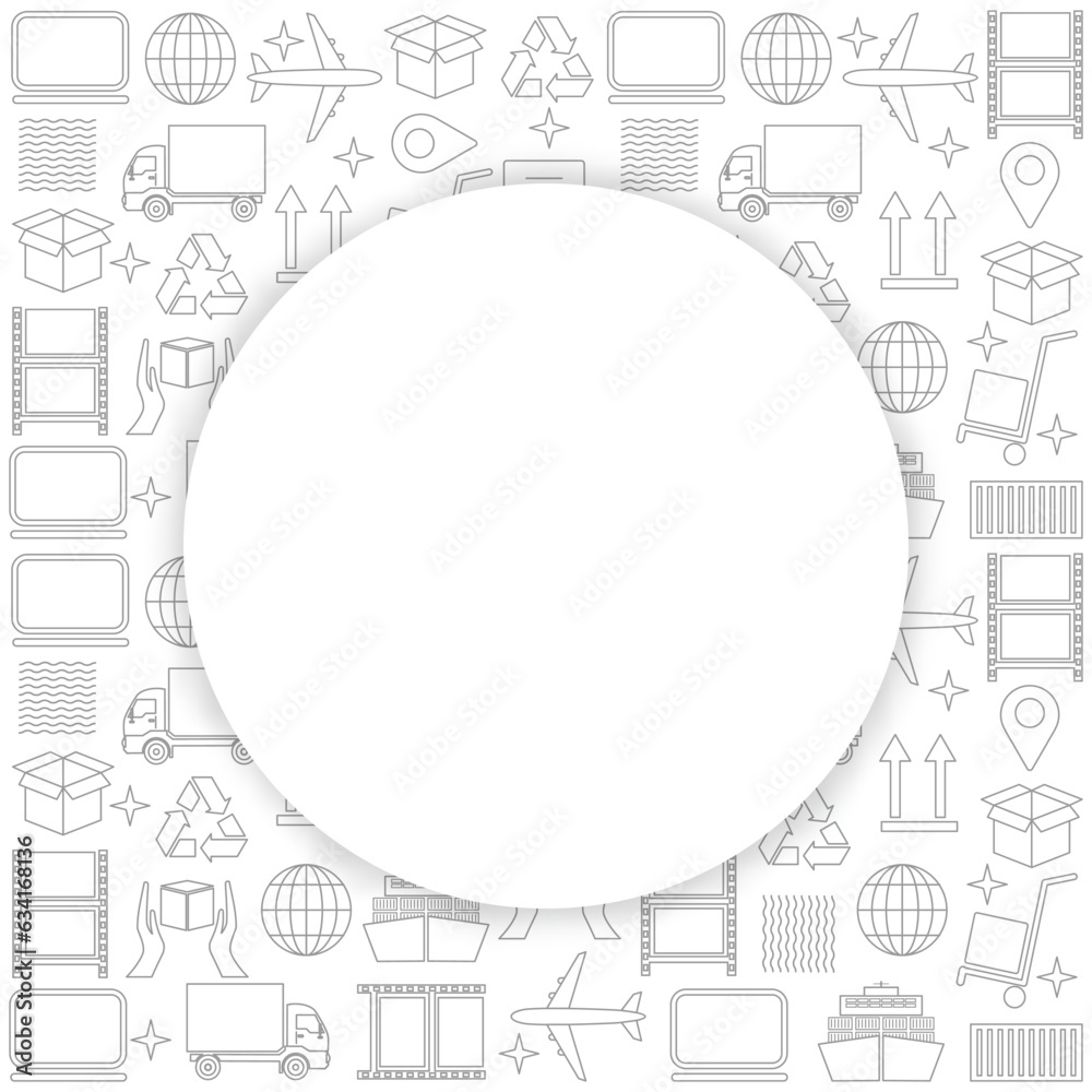 Logistic business wallpaper. Delivery and distribution pattern. Global logistics pattern in gray.  White  circle text space  with shadow. Abstract background for website, presentation. EPS10.
