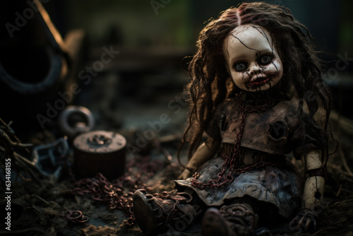 Creepy old zombie doll Halloween background