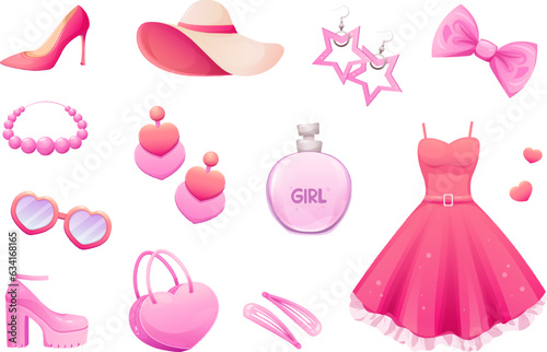 Set of clothes, shoes and accessories in trendy pink color. Items for pink doll, girl, princess. Vector illustration in cartoon style, garish vector