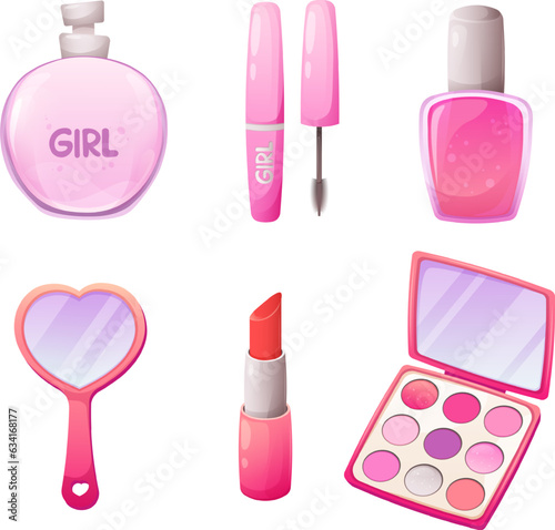 Set of decorative cosmetics in trendy pink color. Cosmetics for girls, princesses, dolls.  Vector illustration in cartoon style, garish vector © Sonika