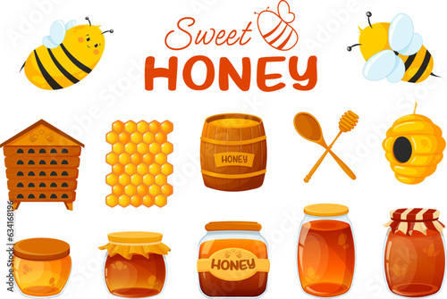 Set of stickers, honey icons. Spoons for honey, bees, dandelion, sweet clover, jars, barrel, beehive on transparent background. Vector illustration in cartoon style