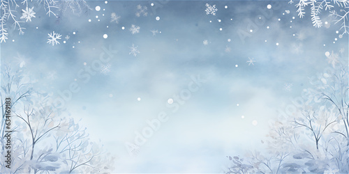 Watercolor blue pastel illustration with winter snow flakes  copy space and ai generated