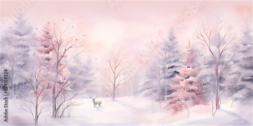Watercolor illustration with winter wonderland forest with pastel pink sky, ai generated © TatjanaMeininger