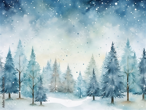 Watercolor illustration with winter wonderland forest, ai generated