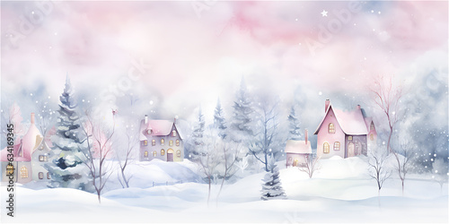 Wallpaper Mural Watercolor winter with snow, forest and village, ai generated Torontodigital.ca