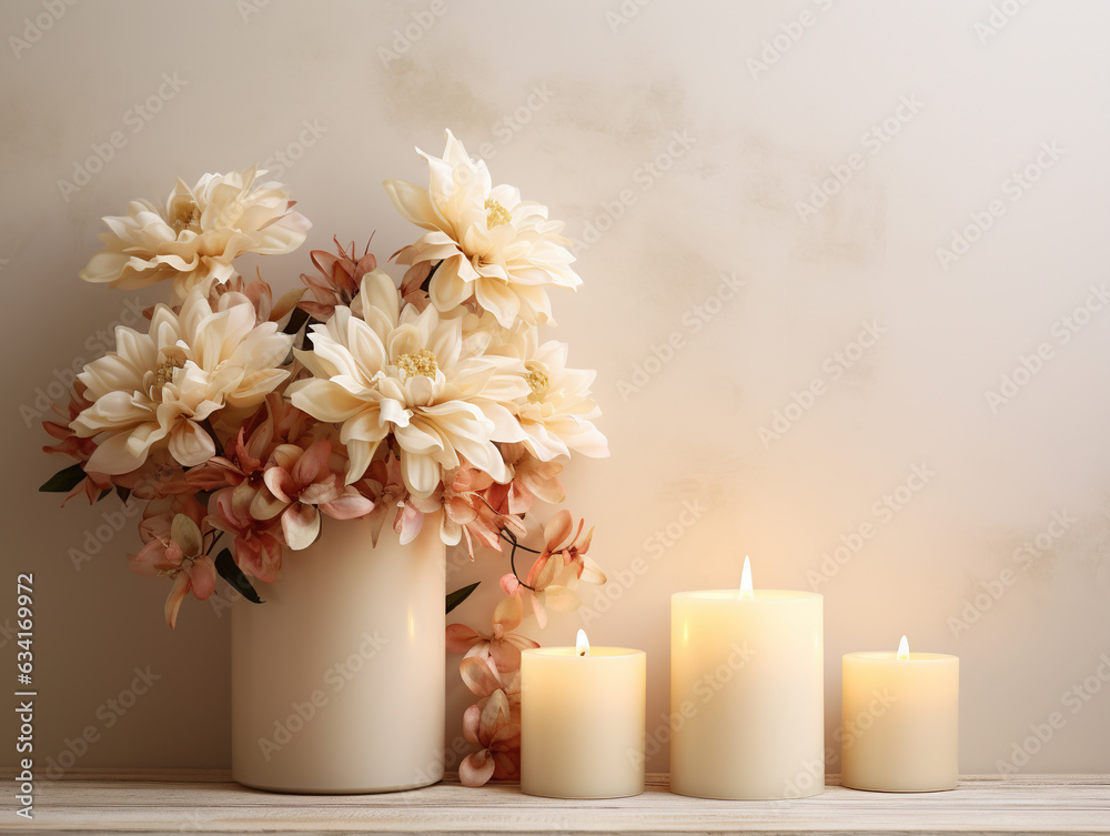 Beautiful flower composition. Bouquet in vase on table with candles Beautiful flower composition. Bouquet in vase on table with candles